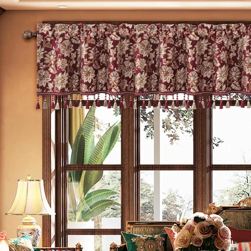 Miniatura 22 de Loom and Mill Cenefas de jacquard de lujo para ventana de sala de estar, elegante cenefa de cortina de damasco beige con ribete de cuentas, cortina