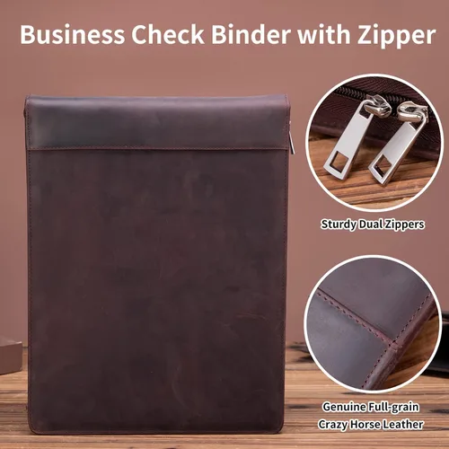 Miniatura 7 de Carpeta de 7 anillos de piel auténtica, soporte para cuaderno de cheques de negocios, 3 en una página para 600 cheques (9 x 13 pulgadas), carpeta