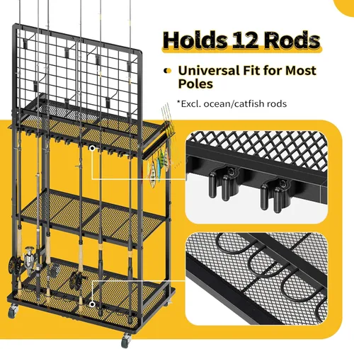 Miniatura 3 de SOYEEZE Soportes para cañas de pescar de gran tamaño para garaje, estante para cañas de pescar de servicio pesado de 3 niveles con tablero perforado