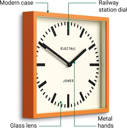 Miniatura 6 de JONES CLOCKS® Reloj de pared Box Railway Reloj de estación cuadrada 10 pulgadas Naranja Aspecto de diseñador genial para cocina, sala