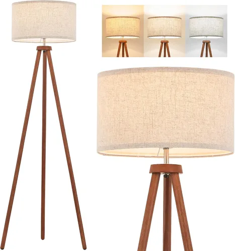 ELYONA Lámparas de pie de trípode de madera con bombilla LED de 3 temperaturas de color, luz de pie vintage con pantalla de lino beige, lámpara de