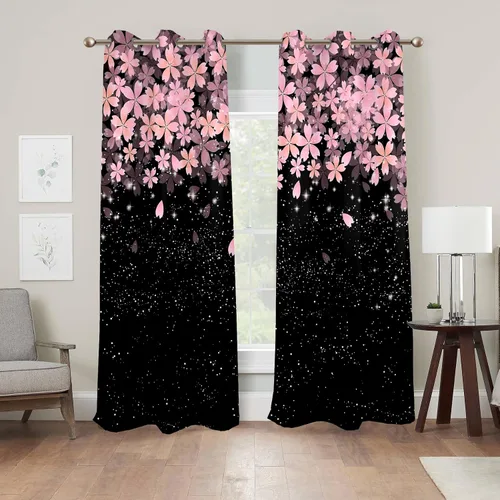 Miniatura 3 de Renaiss Pink Cherry Patels - Cortinas opacas con aislamiento térmico de flores de cerezo japonés, cortinas de ventana de dormitorio con estampado