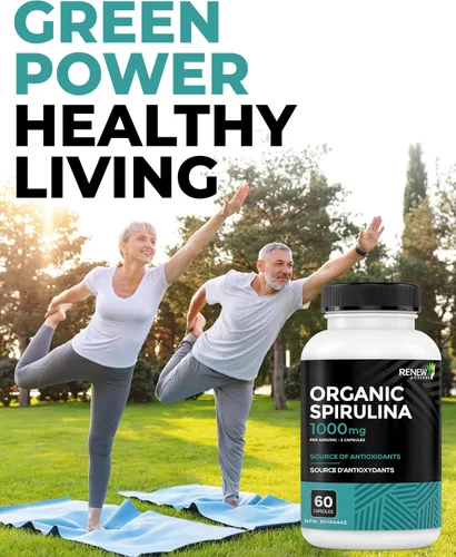 Miniatura 4 de Renew Actives Espirulina orgánica de 1000 mg por 2 cápsulas – Superalimento para hombres y mujeres – Apoya la energía, el bienestar y la función