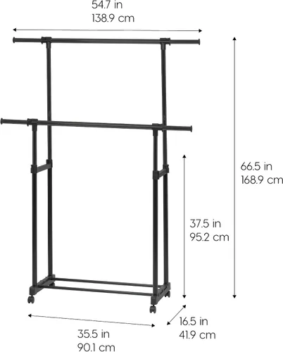 Miniatura 2 de IRIS USA Perchero portátil de doble barra ajustable con barra extensible y ruedas con bloqueo, ropa rodante, armario de doble barra, fácil