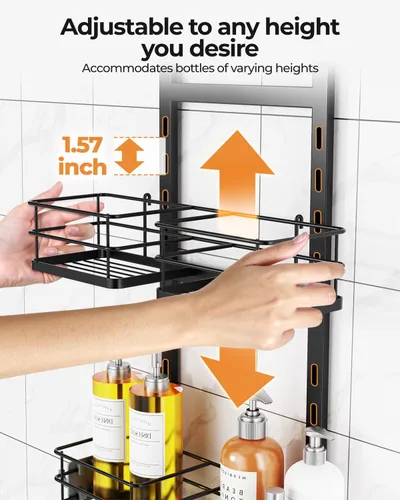 Miniatura 7 de ODesign Organizador de ducha de 2 niveles de altura ajustable, organizador de almacenamiento de estantes de baño, cesta de color negro