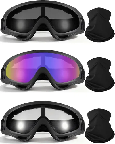 Miniatura 7 de 3 pares de gafas de motocicleta con protección UV, gafas de esquí con 3 piezas de cubrecuellos, para montar, a prueba de polvo y viento