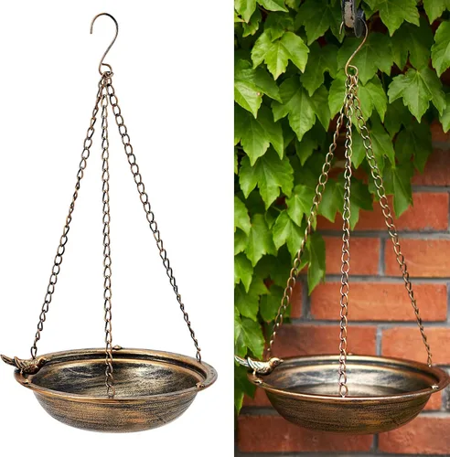 Baños de pájaros colgantes de metal para exteriores, comedero de pájaros al aire libre, patio trasero, decoración de patio de jardín (dorado)