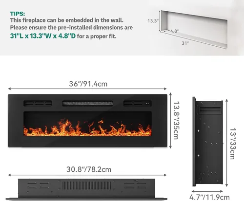 Miniatura 2 de YITAHOME Insertos de chimenea eléctrica de 36 pulgadas, calentadores de chimenea para uso en interiores, empotrados o montados en la pared, control