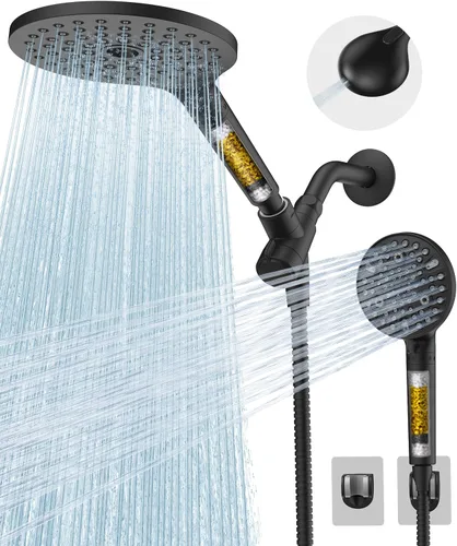 Combo de cabezales de ducha con doble filtro, cabezal de ducha de lluvia de alta presión con rociador de mano con lavado a presión integrado, Negro