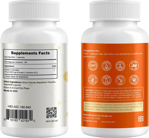 Miniatura 2 de Heivy Pure Acetil L-Carnitina 500mg 180 cápsulas, 180 porciones, vegano, sin OMG, probado por terceros, fabricado en instalaciones GMP de EE. UU.