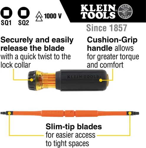 Miniatura 2 de Klein Tools 32287 Destornillador aislante, juego de destornilladores 2 en 1 con hoja abatible, puntas cuadradas #1 y #2, hojas de doble punta