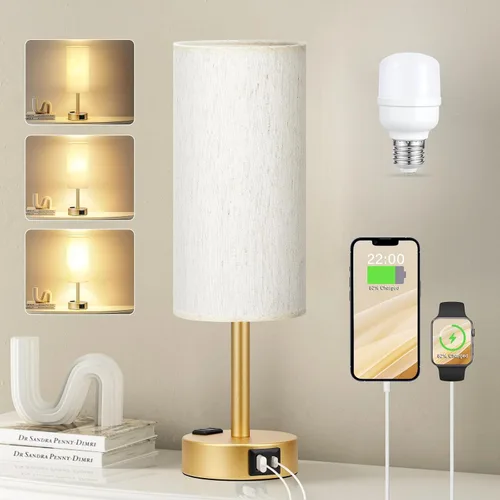 Miniatura 14 de Fenmzee Juego de lámparas de mesa pequeñas táctiles regulables de 2 a 3 vías, carga USB A + C, salida de CA, base de grano de madera, bombillas