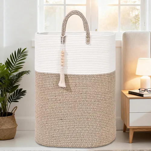 Miniatura 5 de Cesta Tejida de 65L para Ropa, Grandes Cestas de Lavandería Rectangulares con Cuentas y Borlas, Cesta de Almacenamiento para Guardería para Marrón