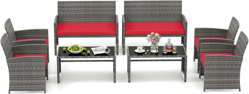 Miniatura 20 de HAPPYGRILL Juego de 4 muebles de mimbre para exteriores con mesa de centro de vidrio templado, cojines suaves, juego de sillas de ratán resistentes