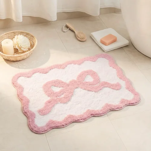 Miniatura 3 de Alfombra de baño con lazo rosa para baño, de 16 x 24 pulgadas, bonita alfombra de baño pequeña con bordes festoneados, microfibra suave