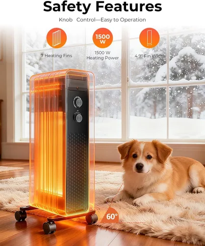 Miniatura 2 de ZAFRO 1500 W Calentador Eléctrico de Radiador Lleno de Aceite con Termostato Ajustable, Protección Contra Sobrecalentamiento y Vuelco, Bajo Nivel
