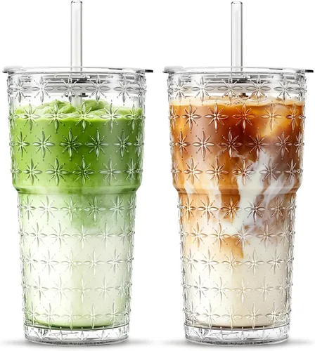 INSETLAN 20oz Sparkling Star Glass Tumblers with Lids and Straws, Set of 2, Thick-Walled Drinking Glasses for Iced Coffee, Smoothies, Matcha, Water,