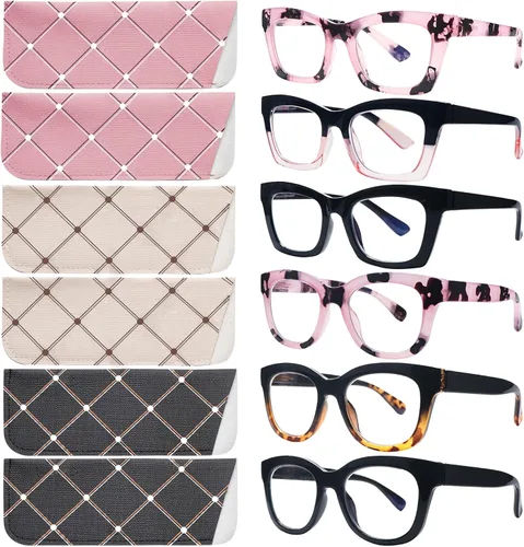 Miniatura 8 de SIGVAN - Paquete de 6 gafas de lectura estilo Oprah con bloqueo de luz azul, montura cuadrada, bisagra de resorte para computadora para mujeres y 3
