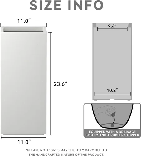 Miniatura 2 de Kante Maceta rectangular de hormigón de 23.6 pulgadas de alto, moderna maceta de diámetro cuadrado con orificio de drenaje y tapón de goma