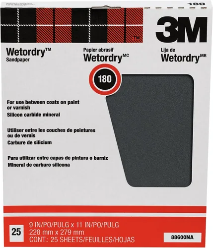 3M Wetordry - Papel de lija de 25 hojas, 9 x 11 pulgadas, grano 180, fino, para lijado húmedo y seco, acabado de primera calidad en lacas,