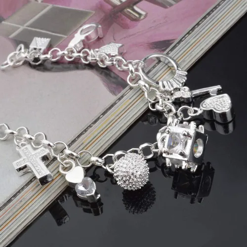 Miniatura 5 de Aeora Pulsera de plata S925 de trece piezas colgantes para mujer, pulseras de regalo y brazaletes de joyería, Plata