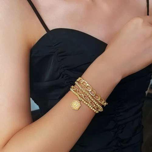 Miniatura 5 de Pulseras chapadas en oro para mujer, pulseras con inicial de oro, juego de pulseras apilables de cuentas en capas de oro, pulseras lindas, Ágata