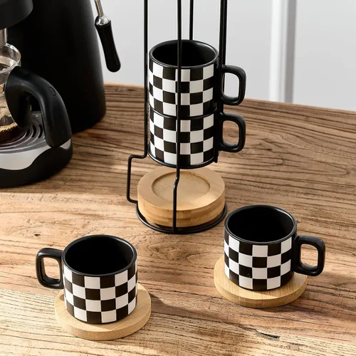 Miniatura 7 de LUKA Tazas de Porcelana Apilables a Cuadros Blancos y Negros para Espresso con Platillos y Soporte de Metal, Juego de Tazas Pequeñas de Cerámica