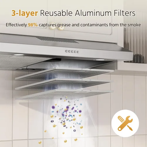 Miniatura 3 de FIREGAS Campana extractora para debajo del gabinete de 30 pulgadas con motor DC sin escobillas, luz LED, ventilador de escape de 3 velocidades
