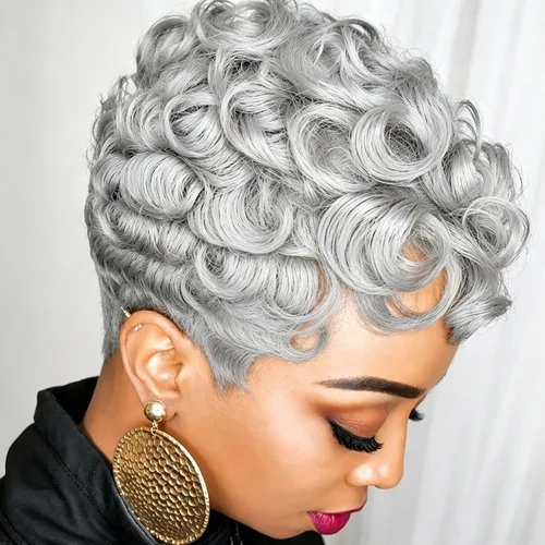 Miniatura 10 de MOONSHOW - Pelucas cortas de corte Pixie para mujeres negras, peluca de corte Pixie marrón Short Pixie Wigs for Black Women Natural Layered Short