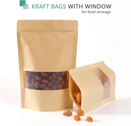 Miniatura 2 de 50 bolsas de papel kraft con ventana resellable de pie, bolsas con cierre de cremallera, bolsa de almacenamiento de alimentos a granel para pequeñas