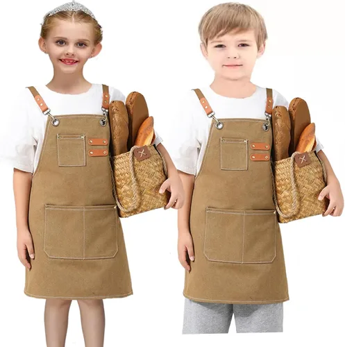 Miniatura 6 de 2 unids niños lona delantal para niño y niña cocina pintura herramienta de trabajo niños delantal