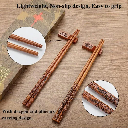 Miniatura 2 de Palillos reutilizables de estilo chino, palillos de dragón y fénix con soporte y bolsa de transporte, juego de palillos de madera natural (2 pares)