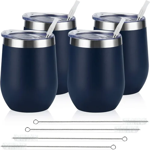 Miniatura 11 de Paquete de 12 vasos de vino de acero inoxidable, 12 onzas, doble pared, aislados al vacío, con tapas y pajitas, copas de vino sin tallo de acero Oro