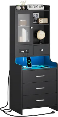 ADORNEVE Mesita de noche alta con estación de carga y luces LED, mesita de noche de 49.2 pulgadas con estantería, mesita de noche negra con cajones,