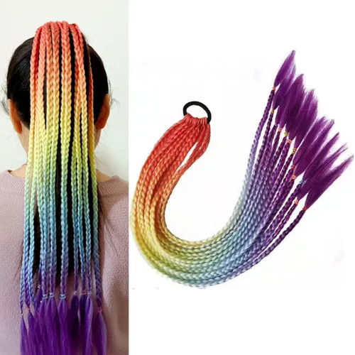 Miniatura 6 de Extensiones de cabello trenzado para cola de caballo con banda para el cabello, accesorios de día locos, pelucas de trenzas coloridas, cola