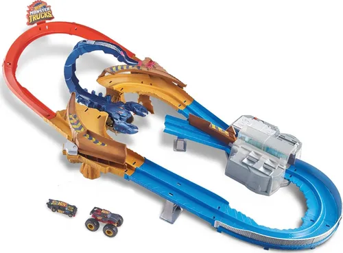 Hot Wheels Monster Trucks Scorpion Sting Raceway - Juego de pista de carreras con 1 camión de juguete y 1 coche a escala 1:64, pista de carreras