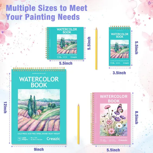 Miniatura 8 de Creazic Cuaderno de bocetos de acuarela pequeño, 3.5" x 5.5" (140lb/300g), encuadernado en espiral con línea de desgarro. Papel de acuarela