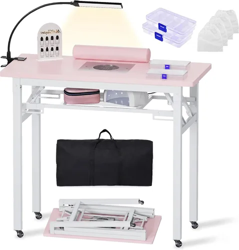 Miniatura 13 de Mesa de manicura plegable portátil con colector de polvo, escritorio de tecnología de uñas rodante con lámpara LED, reposamuñecas, ruedas