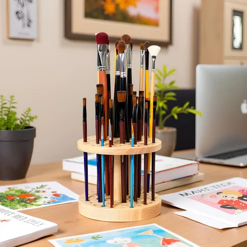 Miniatura 8 de Soporte para pinceles de pintura de 52 agujeros, organizador de pinceles de pintura giratorio de 360°, soporte de almacenamiento de madera dura