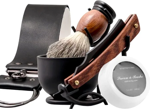Kit de afeitado con navaja recta Grandslam, navaja recta de acero con afeitador de cuero, brocha de afeitar, cuenco y soporte de afeitado de acero