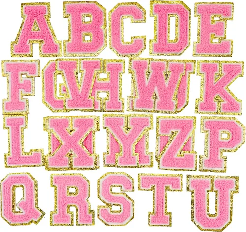 Jongdari Letras termo-adhesivas de felpilla para ropa, parche del alfabeto con purpurina y adhesivo planchado, 26 unidades, color rosa