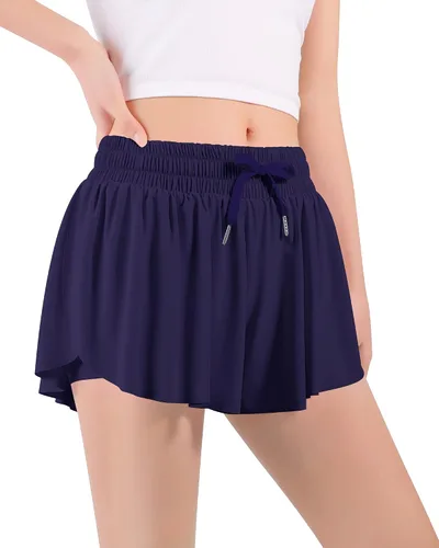 Miniatura 6 de Auranso Pantalones cortos de mariposa para niñas, pantalones cortos fluidos con bolsillo 2 en 1 para atletismo, correr, gimnasio, ropa preparatoria
