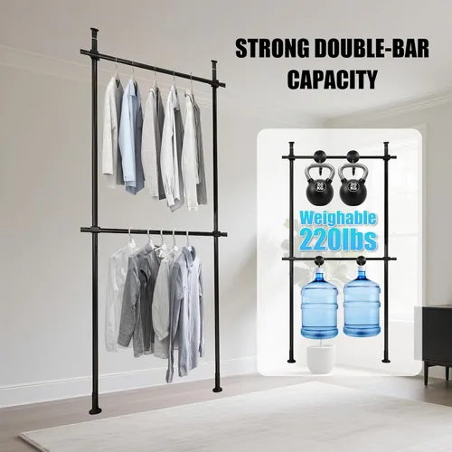 Miniatura 3 de Perchero de doble barra resistente, perchero ajustable de piso a techo, 2 barras transversales de 220 libras de capacidad cada una, acero al carbono