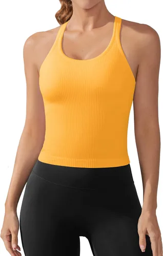 Miniatura 137 de ATTRACO Camiseta corta acanalada de entrenamiento para mujer con brasier integrado para yoga, espalda cruzada, ajuste ajustado