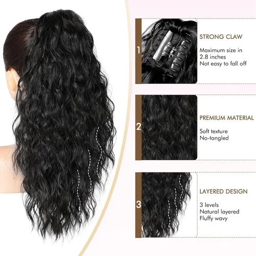Miniatura 3 de REECHO Extensión de cola de caballo, extensión de cola de caballo de 18 pulgadas con clip de garra para mujer, extensiones de cabello largo, rizado