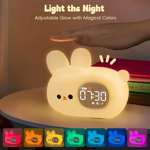 Miniatura 5 de Reloj despertador de conejo con luz nocturna para niños con entrenamiento del sueño y máquina de sonido, lámpara de silicona recargable