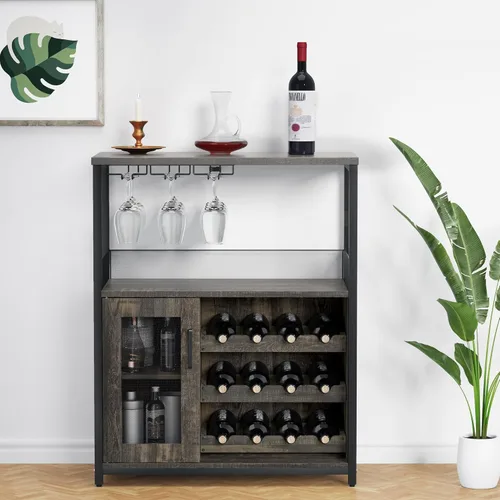 Miniatura 13 de IDEALHOUSE Armario de bar de vinos de 3 niveles con estante de vino desmontable y espacio de almacenamiento, gabinete de buffet con soporte de Gris
