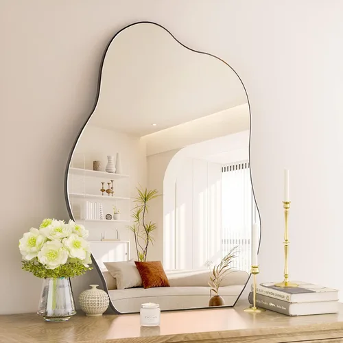 Miniatura 8 de HARRITPURE Espejo de baño irregular de 22 x 32 pulgadas, espejo de pared moderno negro con marco de madera, espejos decorativos asimétricos