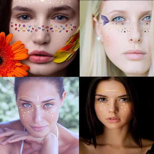 Miniatura 7 de 54 hojas de tatuajes faciales de pecas doradas con purpurina, más de 150 piezas de pegatinas temporales de Halloween con purpurina, pecas brillantes