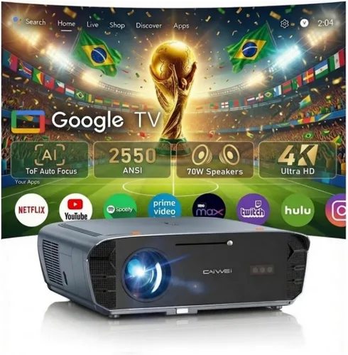 Proyector diurno ANSI 2550, proyector inteligente de Google TV 4K con altavoces duales de 35 W Dolby Audio, tiro más corto, enfoque automático ToF,